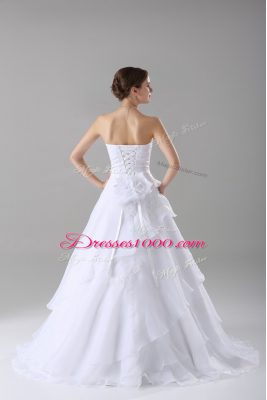 White Sweetheart Lace Up Beading and Ruffled Layers and Hand Made Flower Wedding Gowns Brush Train Sleeveless