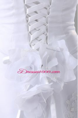 White Sweetheart Lace Up Beading and Ruffled Layers and Hand Made Flower Wedding Gowns Brush Train Sleeveless