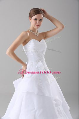White Sweetheart Lace Up Beading and Ruffled Layers and Hand Made Flower Wedding Gowns Brush Train Sleeveless