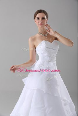 White Sweetheart Lace Up Beading and Ruffled Layers and Hand Made Flower Wedding Gowns Brush Train Sleeveless