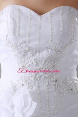 White Sweetheart Lace Up Beading and Ruffled Layers and Hand Made Flower Wedding Gowns Brush Train Sleeveless