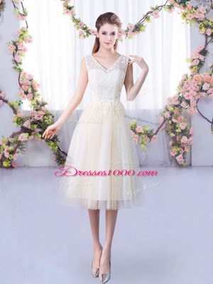 Adorable Champagne Empire Tulle V-neck Sleeveless Lace Tea Length Lace Up Damas Dress