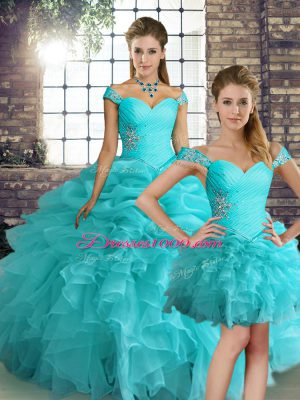 Floor Length Aqua Blue 15 Quinceanera Dress Organza Sleeveless Beading and Ruffles and Pick Ups