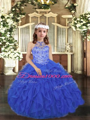Tulle Scoop Sleeveless Lace Up Beading and Ruffles Pageant Dresses in Royal Blue