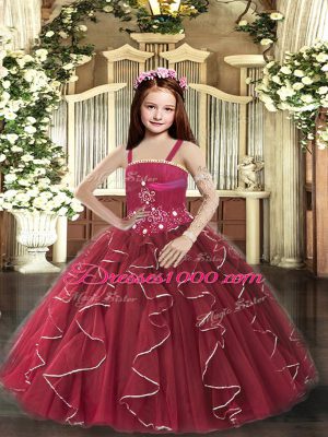 Hot Selling Floor Length Burgundy Little Girls Pageant Gowns Tulle Sleeveless Beading and Ruffles