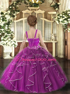 Hot Selling Floor Length Burgundy Little Girls Pageant Gowns Tulle Sleeveless Beading and Ruffles