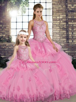 Rose Pink Tulle Lace Up Scoop Sleeveless Floor Length 15th Birthday Dress Lace and Embroidery and Ruffles