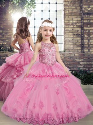 Rose Pink Tulle Lace Up Scoop Sleeveless Floor Length 15th Birthday Dress Lace and Embroidery and Ruffles