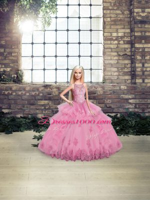 Rose Pink Tulle Lace Up Scoop Sleeveless Floor Length 15th Birthday Dress Lace and Embroidery and Ruffles