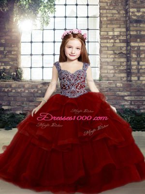 Red Lace Up Little Girl Pageant Dress Beading and Ruffles Sleeveless Floor Length