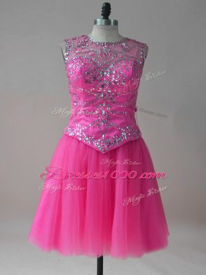 Hot Pink A-line Scoop Sleeveless Tulle Mini Length Lace Up Beading Homecoming Party Dress