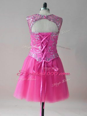 Hot Pink A-line Scoop Sleeveless Tulle Mini Length Lace Up Beading Homecoming Party Dress