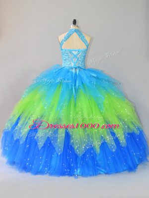 Gorgeous Multi-color Ball Gowns Beading and Ruffles Ball Gown Prom Dress Lace Up Tulle Sleeveless Floor Length