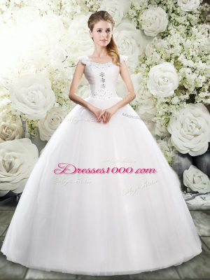 Fancy White Tulle Lace Up Straps Sleeveless Floor Length Wedding Gowns Beading and Hand Made Flower