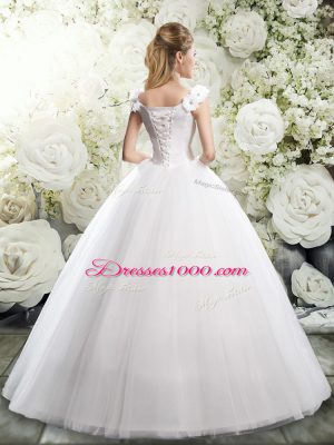 Fancy White Tulle Lace Up Straps Sleeveless Floor Length Wedding Gowns Beading and Hand Made Flower