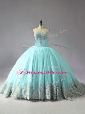 Customized Blue Lace Up 15 Quinceanera Dress Appliques Sleeveless Court Train