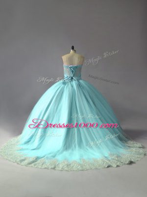 Customized Blue Lace Up 15 Quinceanera Dress Appliques Sleeveless Court Train