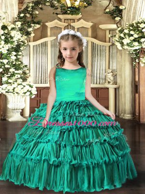 Elegant Scoop Sleeveless Evening Gowns Floor Length Ruffled Layers Turquoise