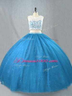 Tulle Scoop Sleeveless Zipper Beading Sweet 16 Dress in Blue