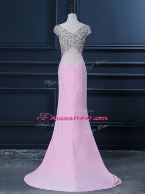 Pink Prom Dress Chiffon Court Train Cap Sleeves Beading