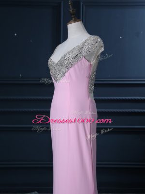 Pink Prom Dress Chiffon Court Train Cap Sleeves Beading