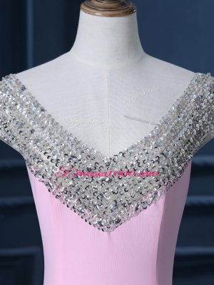 Pink Prom Dress Chiffon Court Train Cap Sleeves Beading