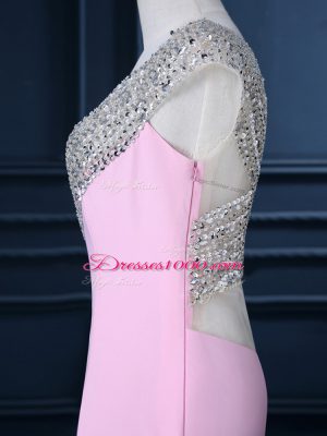 Pink Prom Dress Chiffon Court Train Cap Sleeves Beading