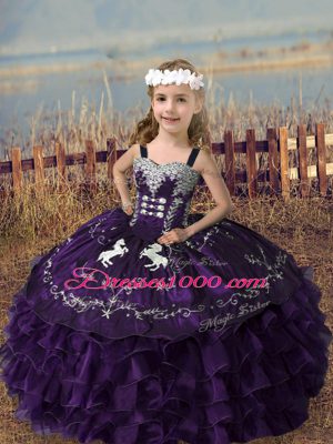 Floor Length Purple Kids Pageant Dress Straps Sleeveless Lace Up