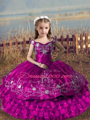 Enchanting Floor Length Fuchsia Womens Party Dresses Satin and Organza Sleeveless Embroidery and Ruffled Layers