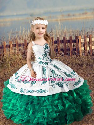 Dark Green Little Girl Pageant Gowns Wedding Party with Embroidery and Ruffles Straps Sleeveless Lace Up