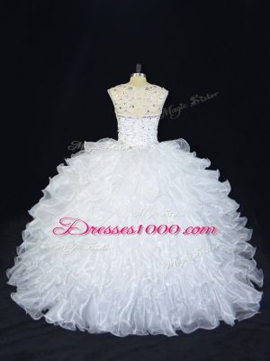 Sleeveless Floor Length Beading Lace Up Quince Ball Gowns with White