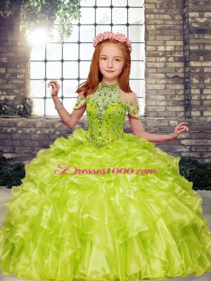 Yellow Green Lace Up High-neck Beading and Ruffles Party Dress for Girls Organza Sleeveless
