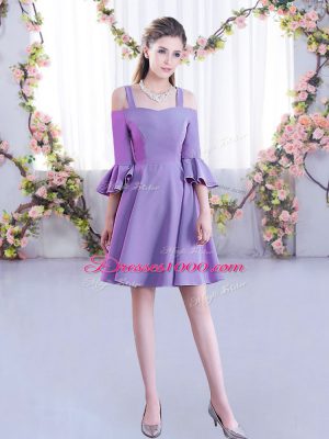 Pretty Lavender Half Sleeves Mini Length Ruching Zipper Dama Dress for Quinceanera