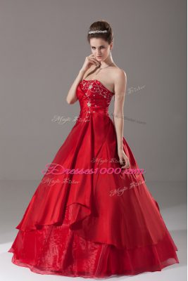 Most Popular Strapless Sleeveless Quinceanera Gown Floor Length Beading Wine Red Organza