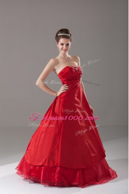 Most Popular Strapless Sleeveless Quinceanera Gown Floor Length Beading Wine Red Organza