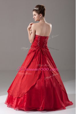 Most Popular Strapless Sleeveless Quinceanera Gown Floor Length Beading Wine Red Organza