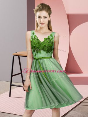 Tulle V-neck Sleeveless Lace Up Appliques Court Dresses for Sweet 16 in Apple Green