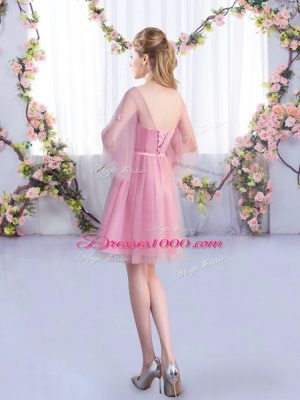 Pink Half Sleeves Mini Length Appliques and Belt Lace Up Wedding Guest Dresses