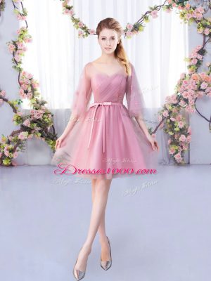 Pink Half Sleeves Mini Length Appliques and Belt Lace Up Wedding Guest Dresses