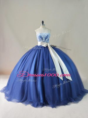 Trendy Tulle Scoop Sleeveless Brush Train Lace Up Appliques and Sashes ribbons and Bowknot Quinceanera Gowns in Navy Blue