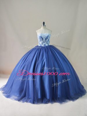 Trendy Tulle Scoop Sleeveless Brush Train Lace Up Appliques and Sashes ribbons and Bowknot Quinceanera Gowns in Navy Blue