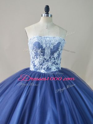 Trendy Tulle Scoop Sleeveless Brush Train Lace Up Appliques and Sashes ribbons and Bowknot Quinceanera Gowns in Navy Blue