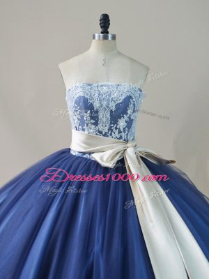 Trendy Tulle Scoop Sleeveless Brush Train Lace Up Appliques and Sashes ribbons and Bowknot Quinceanera Gowns in Navy Blue