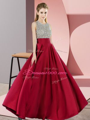 Colorful Elastic Woven Satin Scoop Sleeveless Backless Beading Prom Gown in Wine Red