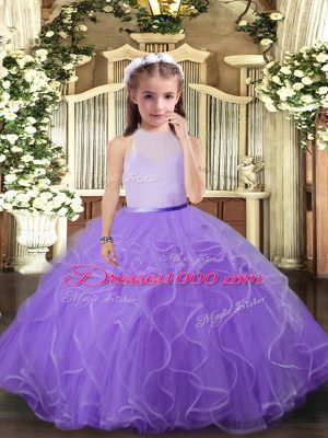 Lavender Sleeveless Floor Length Ruffles Backless Pageant Dress for Teens