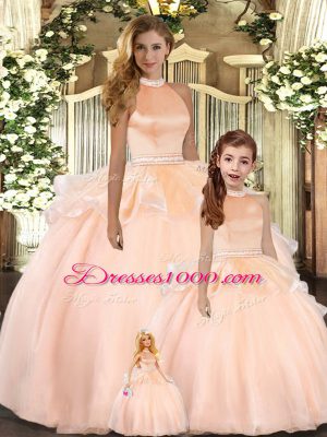 Floor Length Ball Gowns Sleeveless Peach Quinceanera Gowns Backless