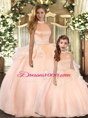 Floor Length Ball Gowns Sleeveless Peach Quinceanera Gowns Backless