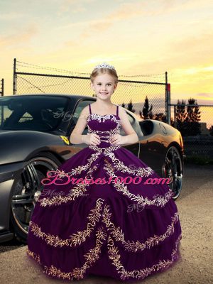 Floor Length Lace Up Little Girl Pageant Gowns Purple for Wedding Party with Embroidery