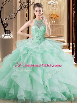 Cute Organza Halter Top Sleeveless Brush Train Lace Up Beading and Ruffles 15 Quinceanera Dress in Apple Green