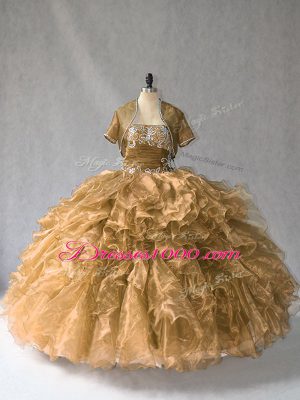 Sleeveless Floor Length Beading and Ruffles Lace Up Sweet 16 Dress with Brown